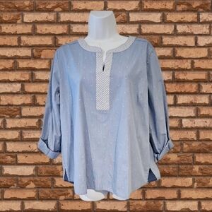 Van HEUSEN 3/4 sleeve V neck chambray casual summer tunic shirt top Sz L